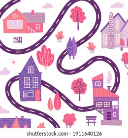 Hand drawn textured spring background with little houses, roads and trees. Village map view. Vector flat illustration
