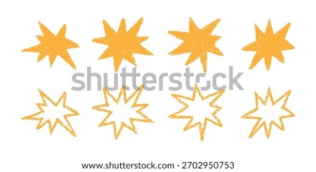 Hand drawn textured star icon set. Crayon style starburst shapes. Rough sketch sunburst clipart. Grunge marker pencil yellow stars. Doodle drawings outline. Kids design stickers. Retro comic star