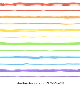 Hand drawn textured stripes, strokes seamless vector pattern. Doodle style uneven, crooked bars, streaks, wavy lines of different width with deformed edges texture. Rainbow colors colorful background.