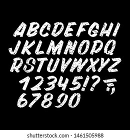 Hand drawn textured typeface on black background. Brush sign painted vector characters: lowercase and uppercase. Typography alphabet for your designs: logo, typeface, card