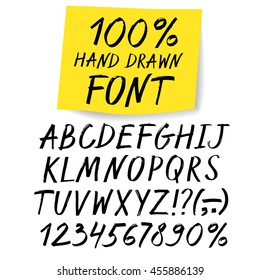 Hand drawn textured vector ABC  letters and figures set with yellow sticker. Marker style alphabet for your design.
