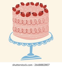 Hand drawn textured vector berry cake illustration. Birthday cake illustration. Wedding cake illustration. Pink and blue hand drawn dessert clipart. Funny hand drawn textured party clipart. 