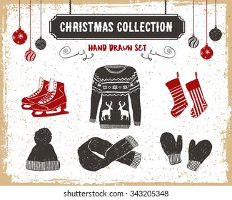 Hand drawn textured vintage Christmas icons set with sweater, ice skates, Christmas stockings, scarf, knitted cap, and mittens vector illustrations.