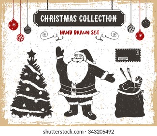 Hand drawn textured vintage Christmas icons set with Santa Claus, Christmas tree, envelope, and sack with gifts vector illustrations.