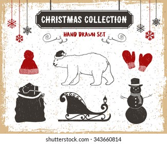 Hand drawn textured vintage Christmas icons set with knitted hat, polar bear, mittens, Santa's sack, sleigh, and a snowman vector illustrations.