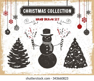 Hand drawn textured vintage Christmas icons set with fir trees, snowman, and flappers vector illustrations.