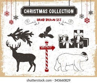 Hand drawn textured vintage Christmas icons set with fir branch, mistletoe, gift boxes, deer, and a polar bear vector illustrations.