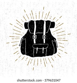 Hand drawn textured vintage icon with a backpack vector illustration.