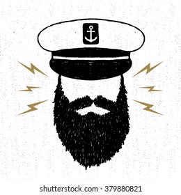 Hand drawn textured vintage icon with captain vector illustration.