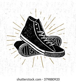 Hand drawn textured vintage icon with sneakers vector illustration.