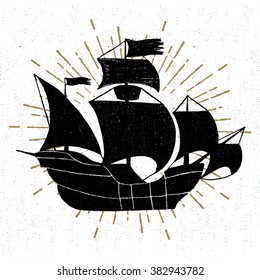 Hand drawn textured vintage icon with galleon ship vector illustration.