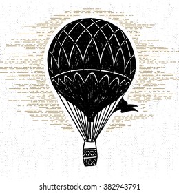 Hand drawn textured vintage icon and hot air balloon vector illustration 