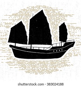 Hand drawn textured vintage icon with ship vector illustration.