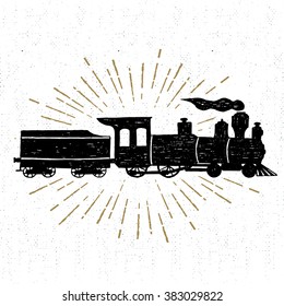 Hand drawn textured vintage icon with steam train vector illustration.