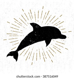 Hand drawn textured vintage icon with dolphin vector illustration.