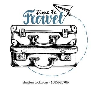 Hand drawn textured vintage label, retro badge with suitcases vector illustration and "Time to travel" lettering.  Vintage suitcases sketch.