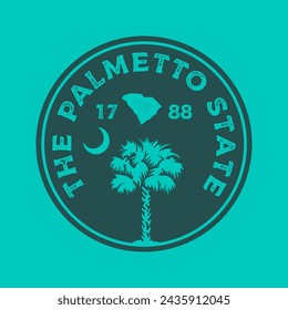 Etiqueta vintage texturizada dibujada a mano, insignia retro con Carolina del Sur, ilustración vectorial de Estados Unidos y letras inspiradoras "The Palmetto State".