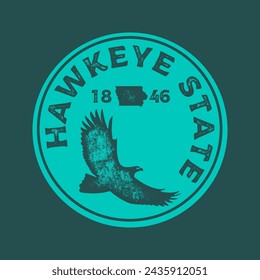 Hand drawn textured vintage label, retro badge with Iowa, USA vector illustration and "Hawkeye State" inspirational lettering.