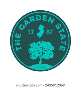 Hand drawn textured vintage label, retro badge with New Jersey, USA vector illustration and "The Garden State" inspirational lettering.