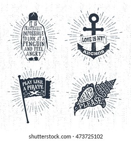 Hand drawn textured vintage labels set with penguin, anchor, flag, shell vector illustrations, and inspirational lettering.