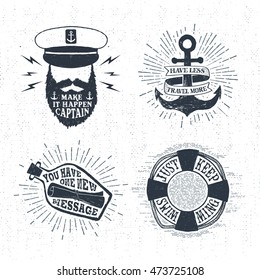 Hand drawn textured vintage labels set with captain, anchor, lifebuoy, letter in a bottle vector illustrations, and inspirational lettering.