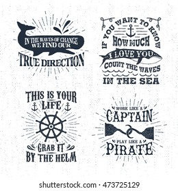 Hand drawn textured vintage labels set with whale, steering wheel, hooks vector illustrations, and inspirational lettering.