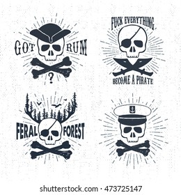 Hand drawn textured vintage labels set with pirate skulls vector illustrations, and inspirational lettering.