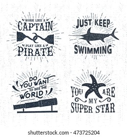 Hand drawn textured vintage labels set with hooks, swordfish, starfish vector illustrations, and inspirational lettering.