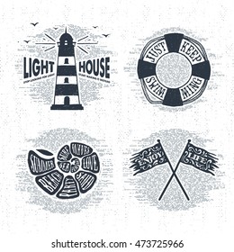 Hand drawn textured vintage labels set with lighthouse, lifebuoy, shell, flags vector illustrations, and inspirational lettering.