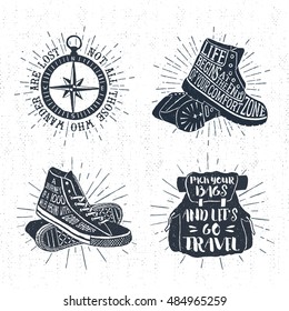 Hand drawn textured vintage labels set with sneakers, boots, rucksack, and lettering vector illustrations.