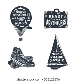 Hand drawn textured vintage labels set with hot air balloon, luggage, sneakers, and yacht vector illustrations and lettering.