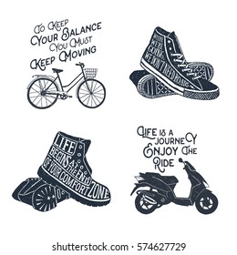 Hand drawn textured vintage labels set with bicycle, sneakers, boots, and motorcycle vector illustrations and lettering.
