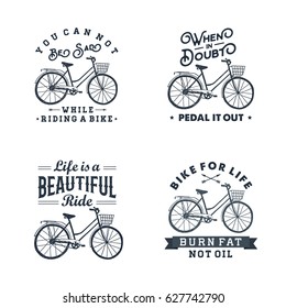 Hand drawn textured vintage labels set with bicycle vector illustration and inspirational lettering.