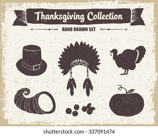 Hand drawn textured vintage Thanksgiving set of pilgrim hat, Indian head piece, turkey, cornucopia, cranberries, and pumpkin vector illustrations.