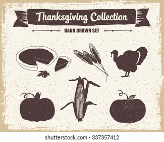 Hand drawn textured vintage Thanksgiving day set of pumpkin pie, wheat, turkey, pumpkins, and corn vector illustrations.