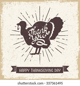 Hand drawn textured vintage Thanksgiving day card with turkey vector illustration.
