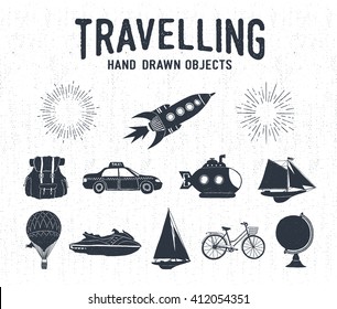 Hand drawn textured vintage travel icons set with rocket, backpack, taxi, submarine, yacht, hot air balloon, bicycle, water scooter, and starburst vector illustrations.