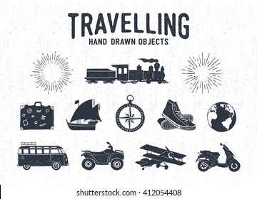 Hand drawn textured vintage travel icons set with steam train, suitcase, yacht, sneakers, bus, quad bike, plane, Earth, and starburst vector illustrations.