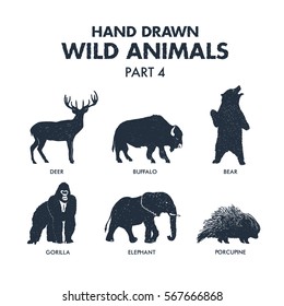 Hand drawn textured wild animals icons set with deer, buffalo, bear, gorilla, elephant, and porcupine vector illustrations.