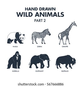 Hand drawn textured wild animals icons set with giraffe, zebra, panda, gorilla, elephant, and buffalo vector illustrations.
