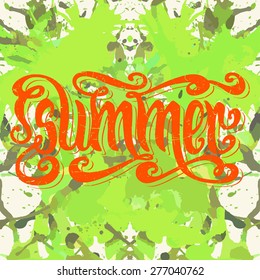 Hand drawn textured word Summer over bright green colorful artistic paint splashes.