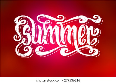 Hand drawn textured word Summer over abstract smooth blur red background.
