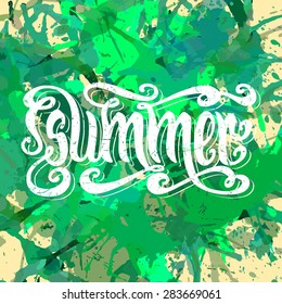 Hand drawn textured word Summer over bright green artistic paint splashes.