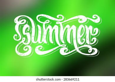 Hand drawn textured word Summer over abstract green smooth blur background.