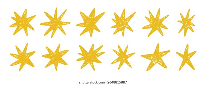 Hand drawn textured yellow stars set grunge line art design. Vector illustration