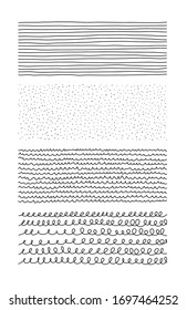 Handgezeichnete Texturen. Künstlerische Sammlung von Doodle-Design-Elementen: Schleife, Punkte, abstrakte Hintergründe, versteifende Muster Käfig und Schraffur mit Tinte. Vektorillustration