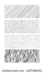Hand drawn textures. Artistic collection of doodle design elements: loop, scribble, abstract backgrounds, stippling patterns cage and hatching made with ink. Vector illustration
