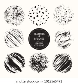 Hand drawn textures & brush strokes. Artistic collection of round design elements: scribbles, wavy lines, in paint dabs, grunge backgrounds, abstract textures, natural patterns. Isolated vector set.