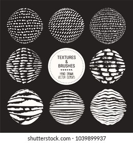 Hand drawn textures & brush strokes. Artistic collection of round elements: paint dabs, ink splashes, abstract pattern, grunge texture for flyer, invitation, poster templates. Isolated vector set.
