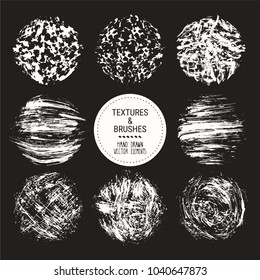 Hand drawn textures & brush strokes. Artistic collection of handcrafted design elements: scribble textures, hatches, ink smears, paint dabs, grunge backgrounds, abstract patterns. Isolated vector set.